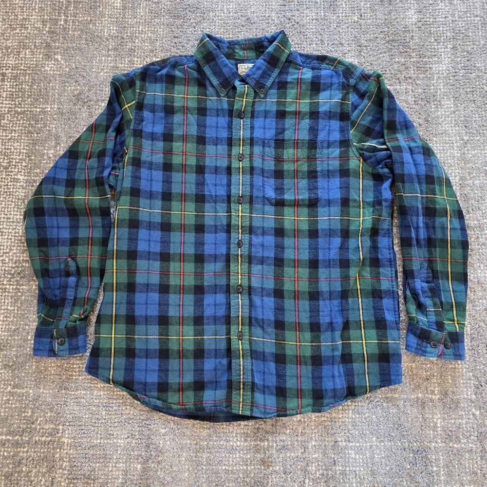 L.L.Bean Traditional Fit Green Blue Plaid Front Button Flannel Shirt